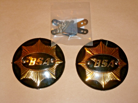 BSA ROUND Gas Fuel Tank Badge SET w/ MOUNTS 1949-59 BLACK/GOLD 65-8228 65-8193