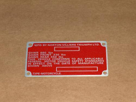 Norton 850 Commando Frame ID Plate MARK 3 roadster interstate